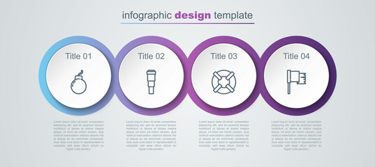 Set line Bomb ready to explode, Spyglass telescope lens, Lifebuoy and Pirate flag. Business infographic template. Vector