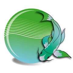 Koi gezeichnet, farbig mit Kugel, Kreis und Wellen