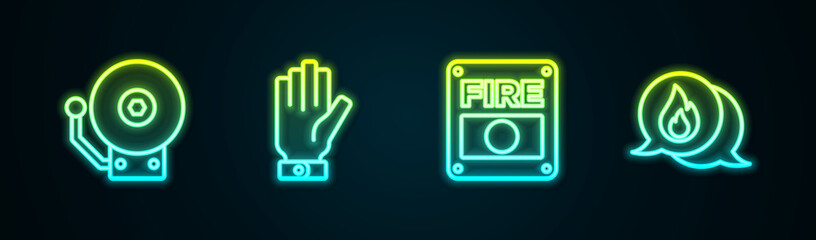 Set line Ringing alarm bell, Firefighter gloves, system and Telephone call 911. Glowing neon icon. Vector