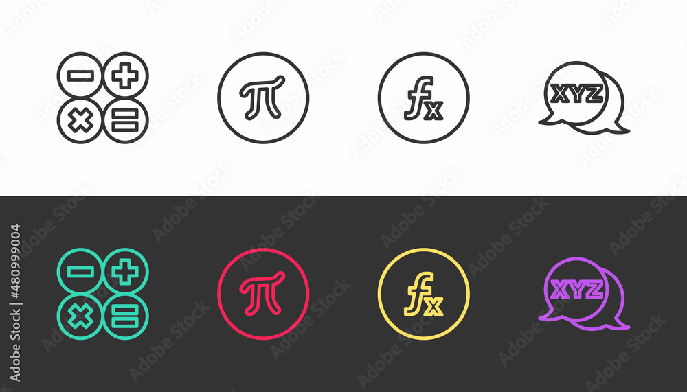 Poster set line calculator, pi symbol, function mathematical and xyz coordinate system on black and white. 