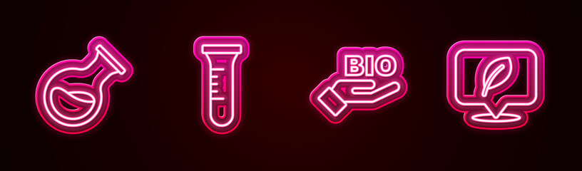 Set line Test tube and flask, , Bio healthy food and Location with leaf. Glowing neon icon. Vector