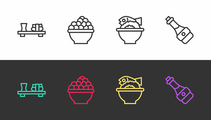 Set line Sushi on cutting board, Caviar, Served fish bowl and Soy sauce bottle on black and white. Vector