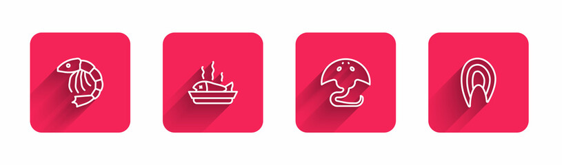 Set line Shrimp, Served fish on a plate, Stingray and Fish steak with long shadow. Red square button. Vector