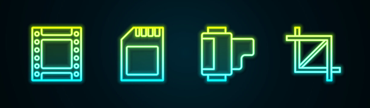 Set line Camera roll cartridge, SD card, and Picture crop photo. Glowing neon icon. Vector