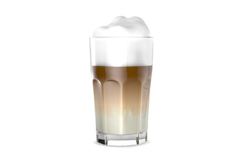 Latte macchiato in beautiful cup on an isolated white background with natural shadow. Cappuccino foamy coffee and milk drink in a transparent glass cup. Tea Latte pouring shot. Tea Latte Drink.