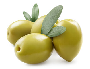 Delicious green olives with small olive leaves, isolated on white background