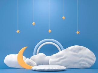 Crescent moon with podium, stars, clouds - badtime card. Sweet dream plasticine base background. Cute illustration in pastel colors. Minimal 3d art style. Empty space for advertising baby products	

