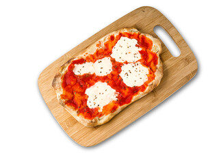 Square pizza or pinza romana with melted mozzarella cheese, red tomatoes and fresh origan on white background, top view