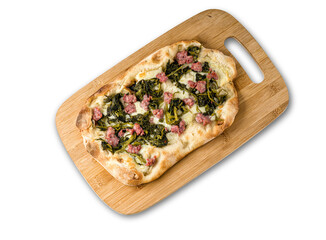 pinza romana with mozzarella cheese, sausage and vegetables