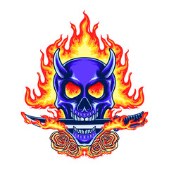 Blue Skull Rose Hellfire Vector Illustration