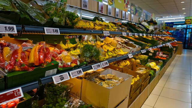 Baden-Baden, Germany - January 01, 2022: Goods at LIDL supermarket at Baden-Baden