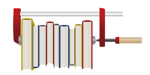 Concept du droit du savoir et de la connaissance interdit par l’obscurantisme des dictature avec le symbole de livres bloqués par un serre-joint.