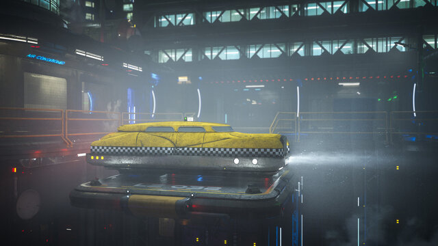A futuristic flying yellow cab taxi hovering over a docking platform in a high rise urban environment. Cyberpunk city concept 3D rendering.