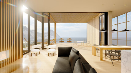 Modern house with a flat roof on the hill. 
interior 3D rendering