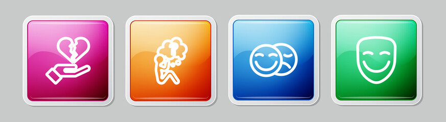 Set line Broken heart or divorce, Head with question mark, Comedy and tragedy masks and theatrical. Colorful square button. Vector