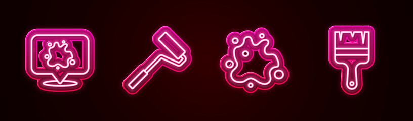 Set line Paint spray, roller brush, and . Glowing neon icon. Vector