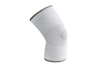 Knee Support Brace on leg isolated on white background. Orthopedic Anatomic Orthosis. Braces for knee fixation, injuries and pain. Orthotics. Foot orthosis. Knee Joint Bandage Sleeve. Elastic Sports.