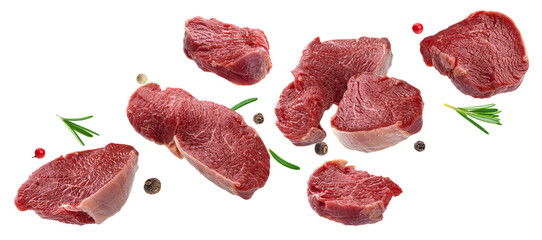 Falling raw beef meat isolated on white background