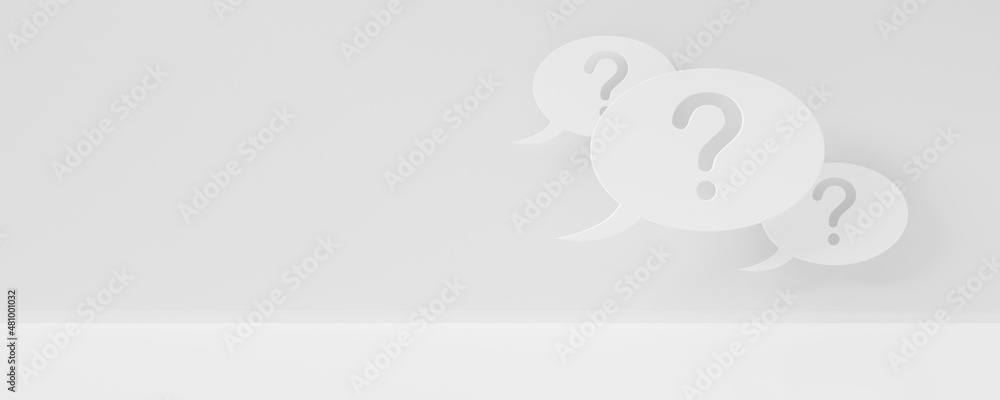 Poster group of white speech bubbles with question marks on bright white room background with copy space, i