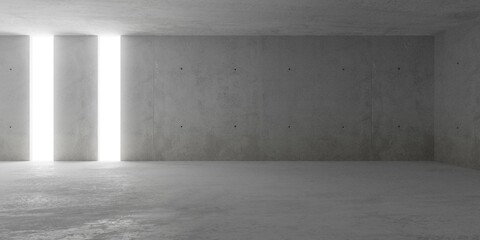 Abstract empty, modern concrete walls room with light from two gap openings in back wall and rough floor - industrial interior or gallery background template