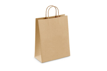 Brown craft small paper bag packaging template isolated on white background. Stand-up pouch side view package. Brown shopping bag mockup. Package with handle for shopping, advertising and branding.