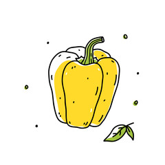 Yellow bell pepper isolated on white background. Organic healthy food. Vector hand-drawn illustration in doodle style. Perfect for cards, logo, decorations, recipes, various designs.