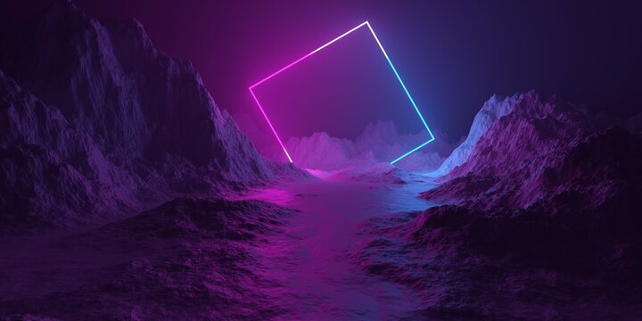 Mountain terrain landscape with pink and blue neon light glowing twisted square frame, retro technology or futuristic alien background template
