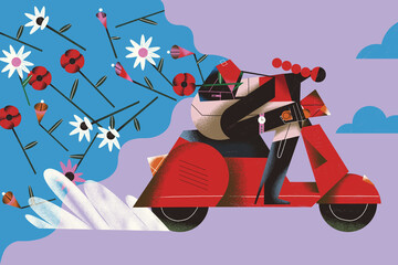 The arrival of spring brings a flourish of new opportunities. Young woman drives a motorcycle spreading and fills the air with flowers and spring. Seasonal concept illustration. - 481001215