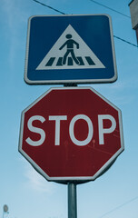 stop sign on blue sky