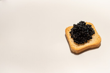 Black caviar. Sturgeon caviar. Fish delicacy. Canape with caviar. Expensive snack. Buffet platter. Products for immunity. Food rich in iodine. Exquisite dish.