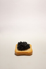 Black caviar. Sturgeon caviar. Fish delicacy. Canape with caviar. Expensive snack. Buffet platter. Products for immunity. Food rich in iodine. Exquisite dish.