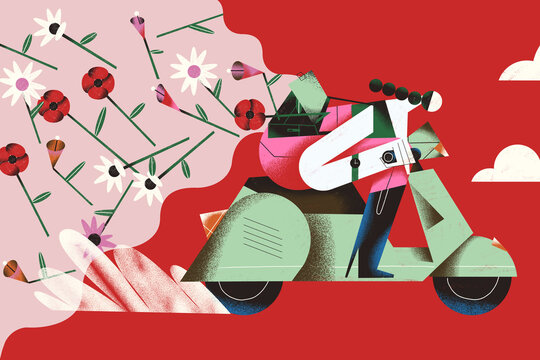 Spring arrives. Young woman drives a motorcycle spreading and fills the air with flowers and spring. Seasonal concept illustration.