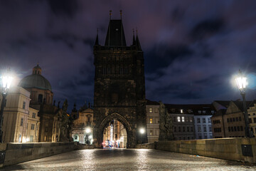 Fototapeta premium Night view of Charles Bridge (Karluv Most) in Prague. Czech Republic