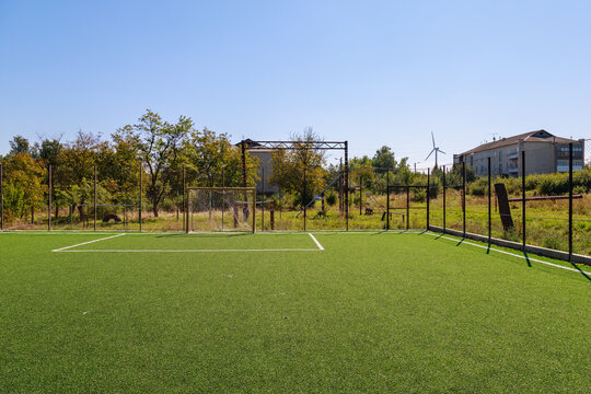 Empty sports ground mini football field in the park due to lockdown during the covid-19 coronavirus pandemic