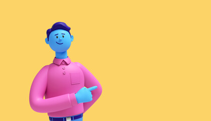 3d render. Cartoon character young man with blue skin wears pink shirt isolated on yellow background. Shows side index finger gesture. Recommendation concept
