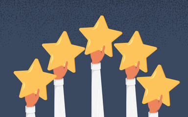 Vector cartoon illustration of Concept of Feedback consumer or customer review evaluation, satisfaction level and critic. Five stars rating style. Hands hold banners with stars on white	
