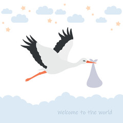 baby welcome greeting card with stork and party flag