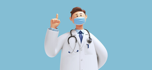 3d render. Cartoon character caucasian man doctor wears face mask and uniform. Finger pointing up. Medical clip art isolated on blue background. Healthcare advice, medicine science