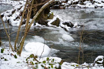 winter forest, frozen river, winter landscape, ice on the water, winter background  