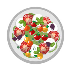 caprese salad on plate. top view. Tomatoes, basil, mozzarella.