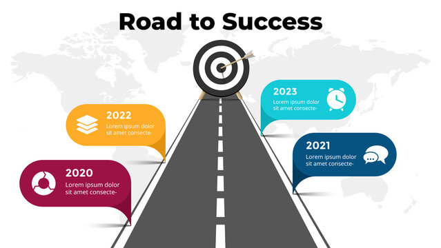 Road to success infographic. Business presentation slide template. Roadmap timeline. World map. Arrow hit the target. Goal diagram. Chart with 4 steps, options, processes. 