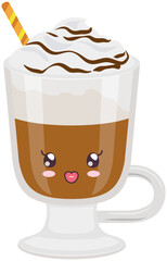 Cute coffee latte with froth and syrup sticker kawaii icon vector design. Adorable hot drink in glass with positive emotion, japanese, oriental culture symbol anime, innocence and childishness