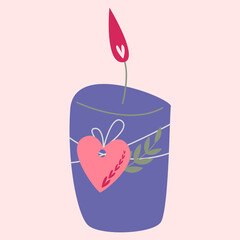A candle with a decor from the heart of a twig. Vector symbols of love. valentine's day. A series of postcards in boho style.