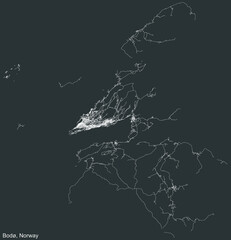 Detailed negative navigation white lines urban street roads map of the Norwegian regional capital city of BODØ, NORWAY on dark gray background