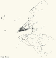 Detailed navigation black lines urban street roads map of the Norwegian regional capital city of BODØ, NORWAY on vintage beige background
