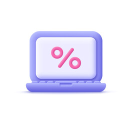 Percent discount laptop. 3d vector icon. Cartoon minimal style.