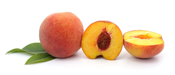 Sliced peach and leaves.