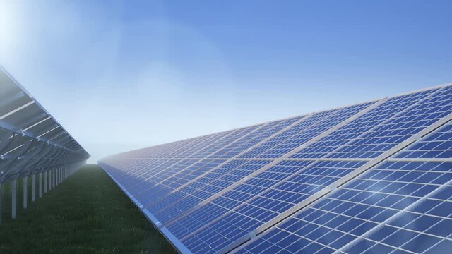 Solar panels, clear green energy. Electricity producing farm. Electrical technology innovations. Alternative energy sources. Sun light, daytime. Ecology, nature protection concept. 3D Render, 4K clip