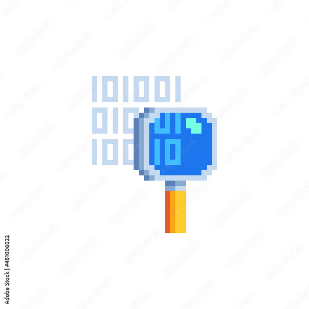 Poster magnifying glass or search and digital code pixel art icon. web site design. 8-bit. game assets. mag