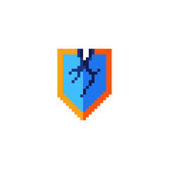 Broken shield item for gaming interface. Pixel art icon. Flat vector elements for mobile arcade and casual game. 8-bit sprite.